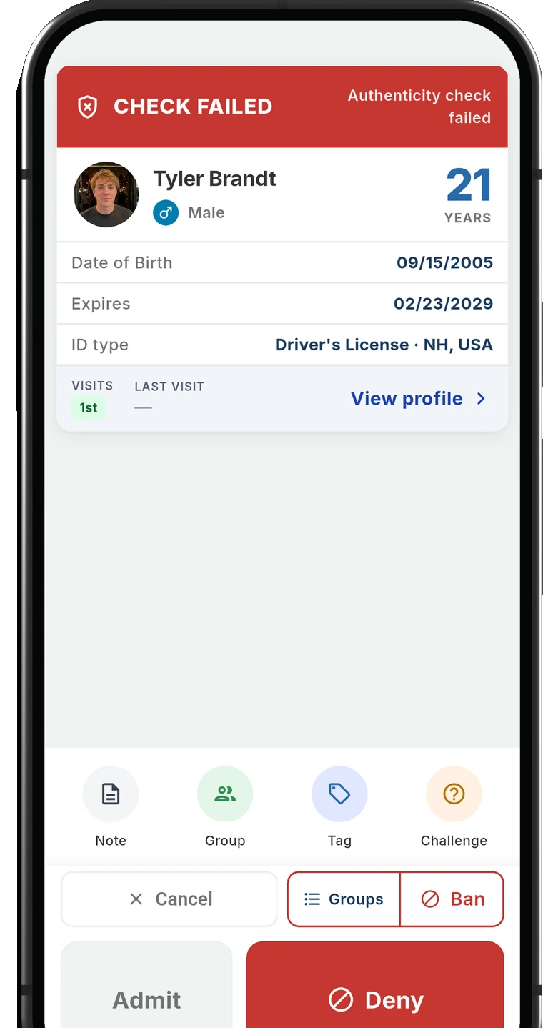 An AgeShield scan result reading CHECK FAILED because the ID failed its authenticity check, with the Deny button highlighted