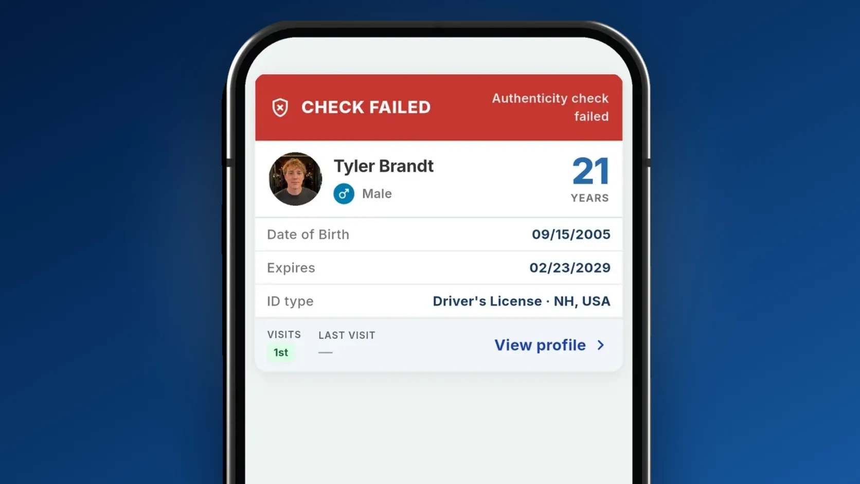 An AgeShield scan result on a phone reading CHECK FAILED, Authenticity check failed, with the guest's age, date of birth, expiry and ID type