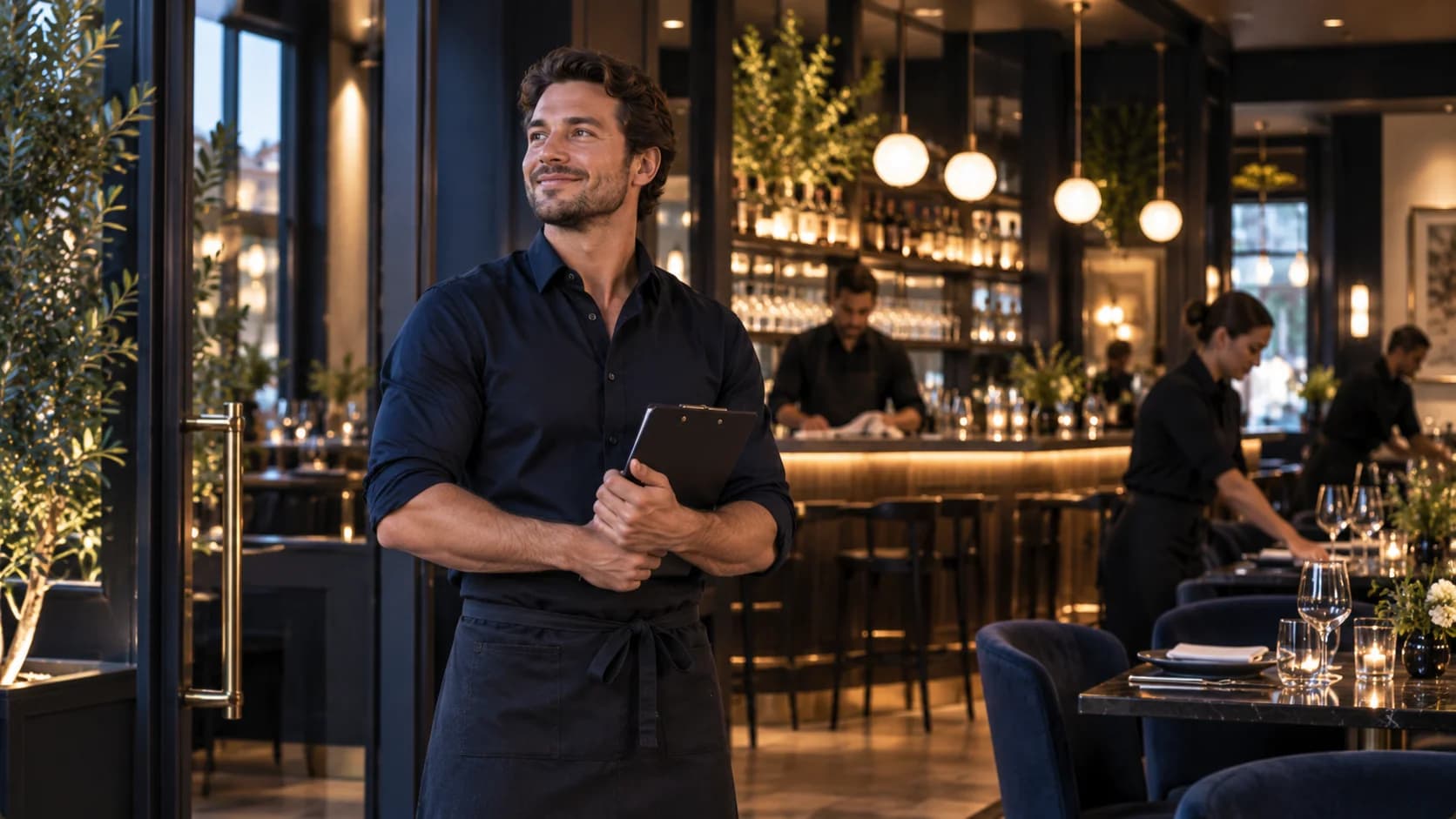 An owner stands at the entrance of a newly opened restaurant and bar with a clipboard, smiling, while staff set tables and work the bar in the background
