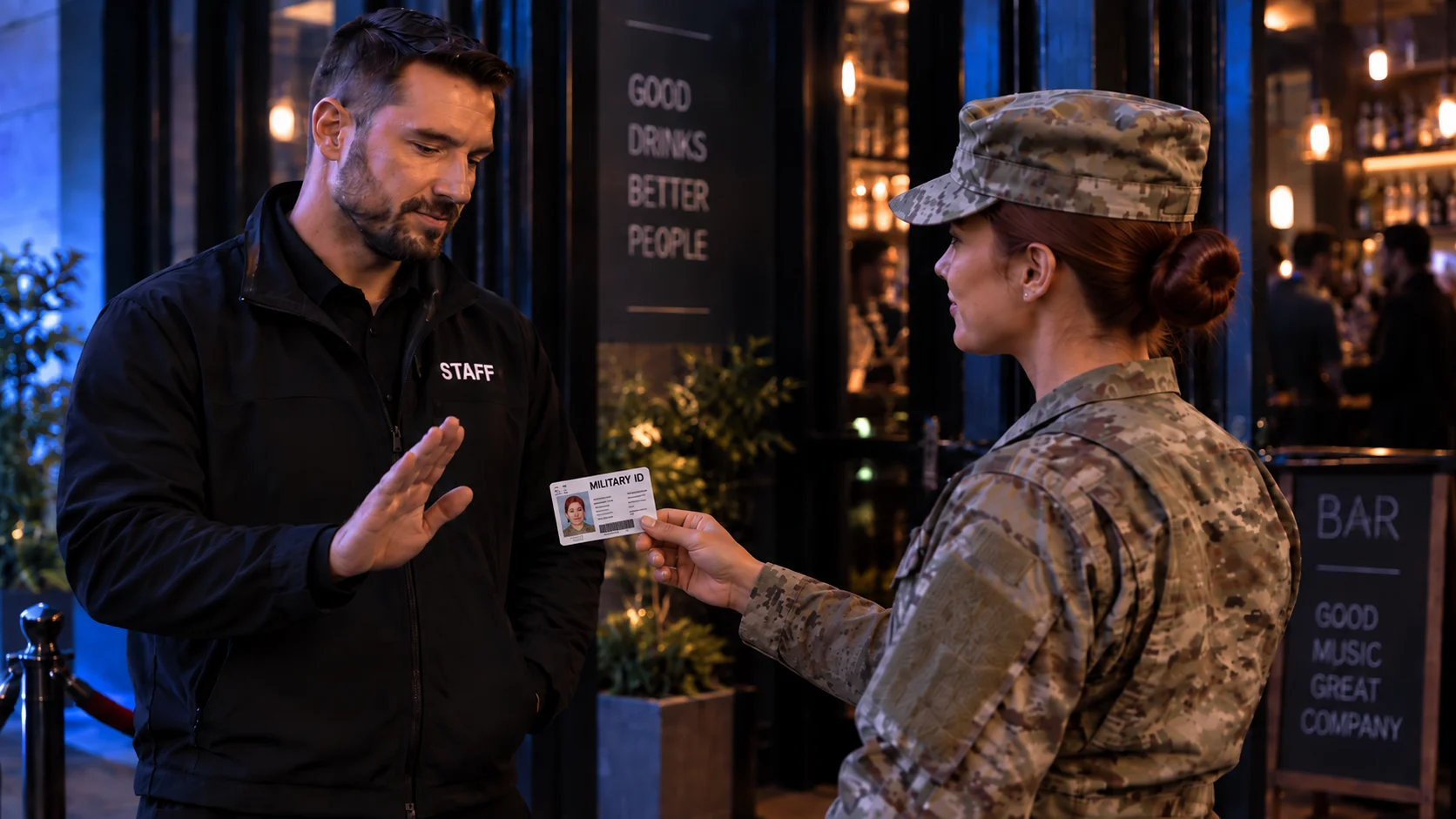A service member in uniform hands a military ID across at a bar entrance while a door staff member raises a hand, declining to put the card through the scanner