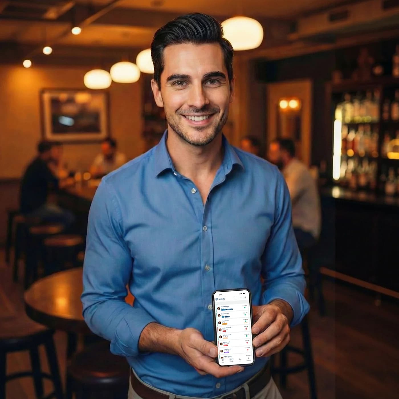 A venue owner standing in their bar, holding a phone that shows the AgeShield app's activity list of tonight's scans