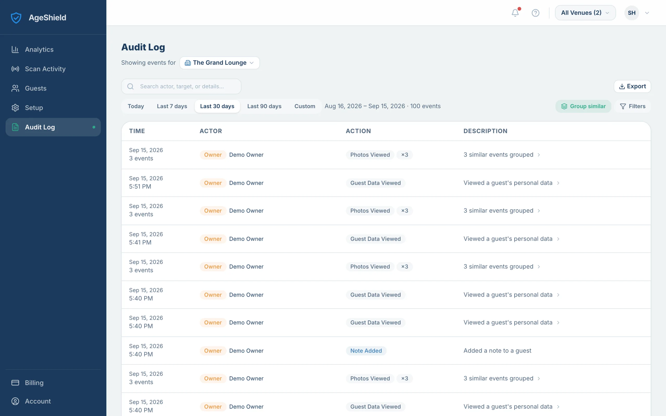The audit log in the AgeShield hub listing Guest Data Viewed and Photos Viewed entries with the person who viewed them, the time and a link to the details, filtered to one venue with an export button