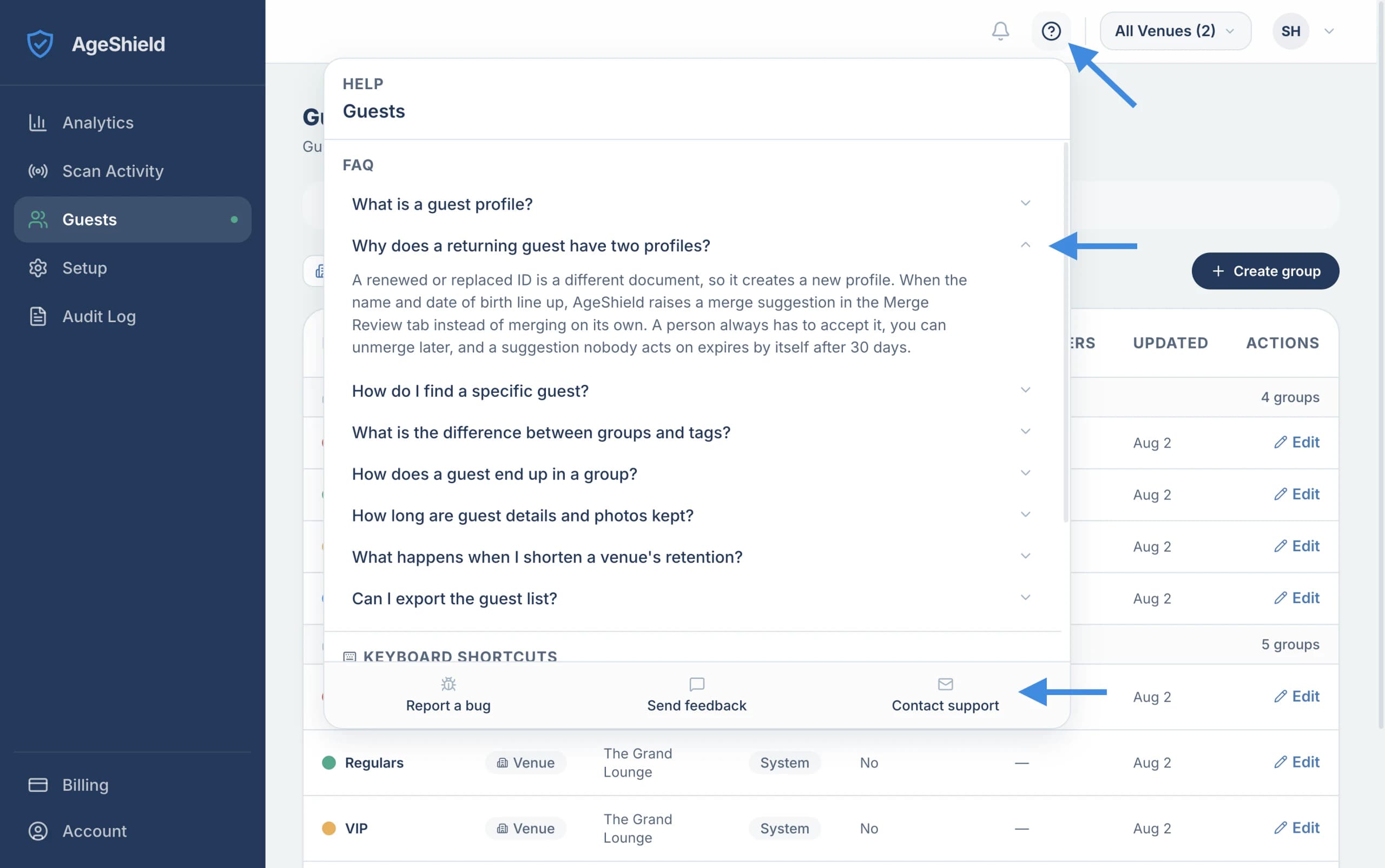 The AgeShield hub with its help popover open on the Guests page. Arrows point to the question-mark button in the top-right corner that opens it, to an expanded answer explaining why a returning guest can have two profiles, and to the Contact support action at the bottom alongside Report a bug and Send feedback.