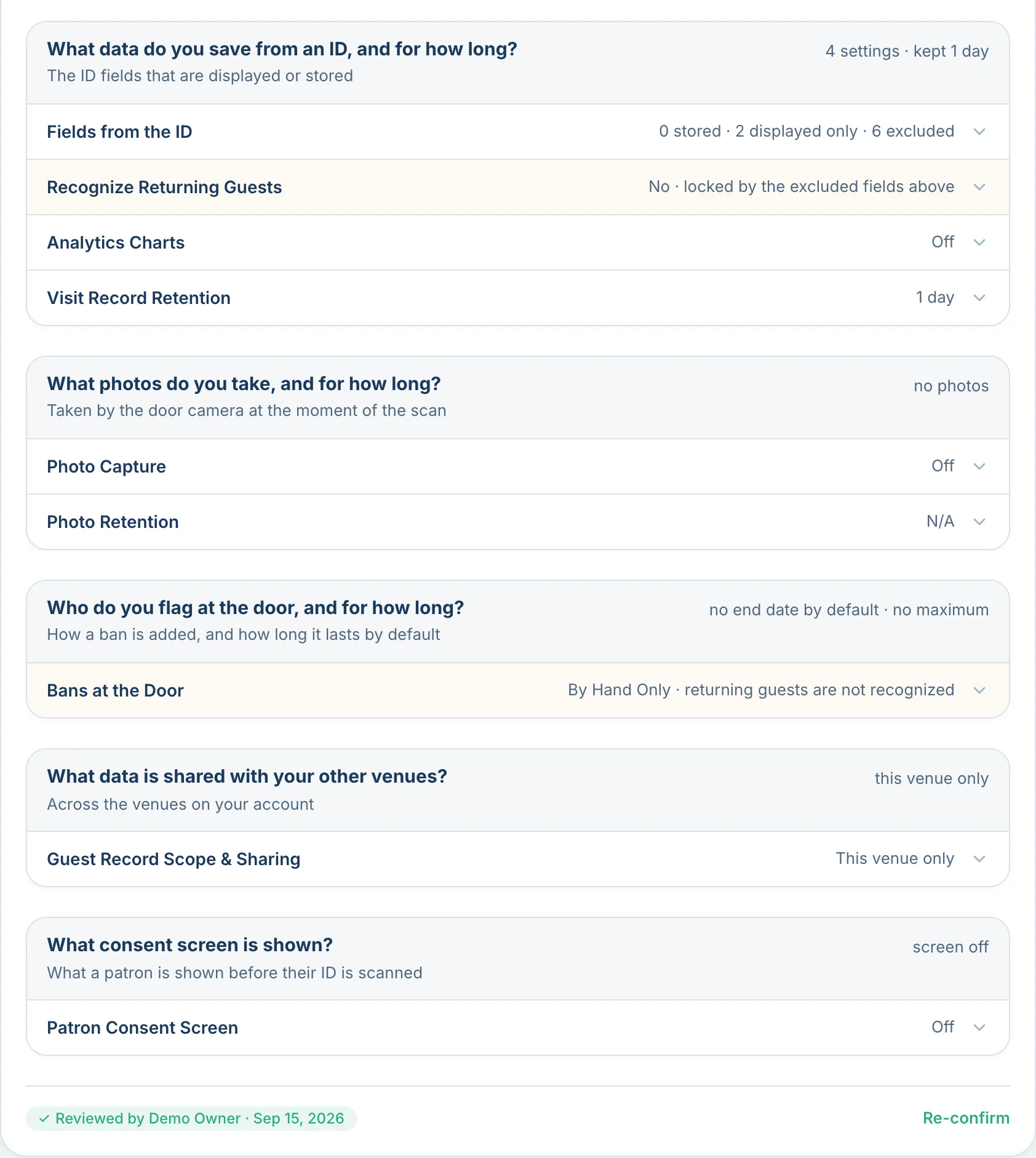 The Data and Privacy tab of a venue in the AgeShield hub at its strictest settings: no ID fields stored, returning guests not recognized, analytics charts off, visit records kept one day, no photos, bans by hand only and guest records limited to this venue