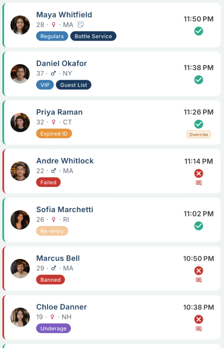 Close-up of the AgeShield app's Activity list: admitted guests with green checks, one admitted with an override after an Expired ID label, and denied guests marked Failed, Banned and Underage