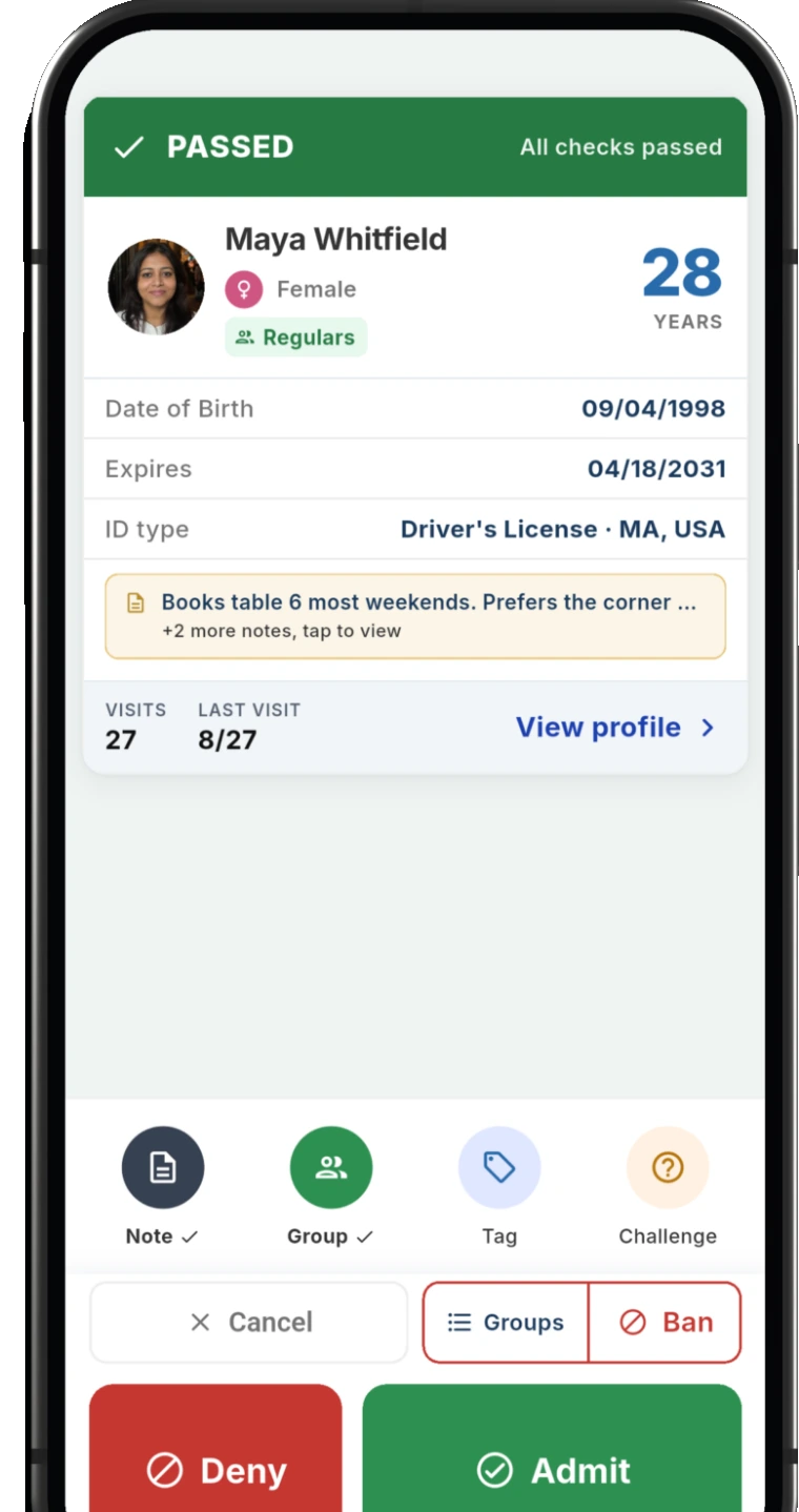 An AgeShield scan result on an Android phone reading PASSED, All checks passed, with the guest's age, date of birth, expiry and ID type, and Deny and Admit buttons