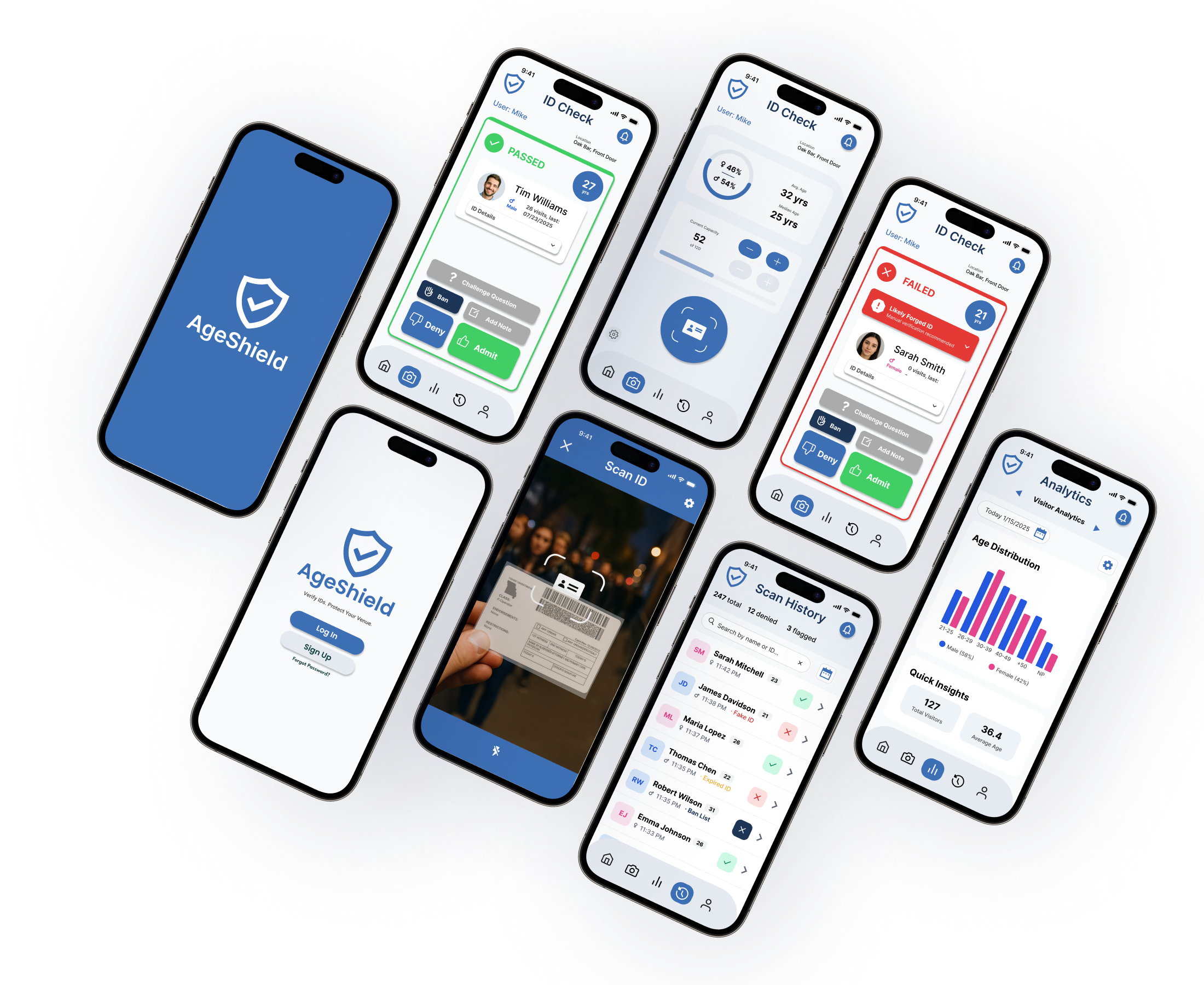 AgeShield app interface showing multiple screens including verification, scanning, and analytics
